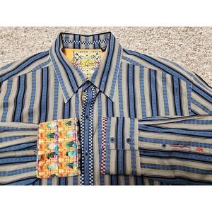 Robert Graham Shirt XL Flip Cuff Embroidered Striped Blue Textured Scooter India